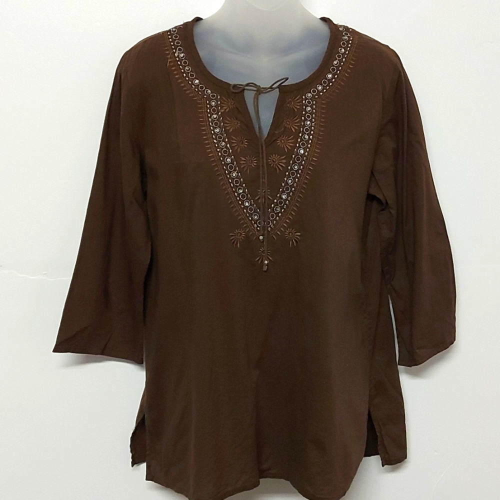 3 for $25 - Warehouse One Chocolate Boho Blouse, 100% Cotton. Size Large